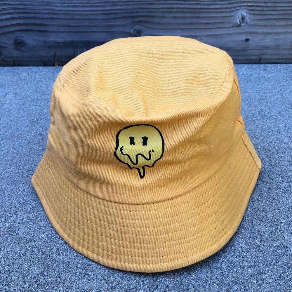 Melting Happy Face Emoji Bucket Hat Men's One Size 58cm Yellow Cap Cotton